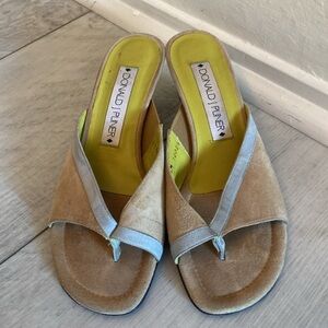 Donald J Pliner, tan suede kitten heels with light blue detailing, size 9